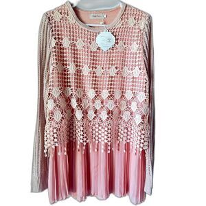 Women's blouse top long sleeve embroidered floral pleated romantic peach pink M